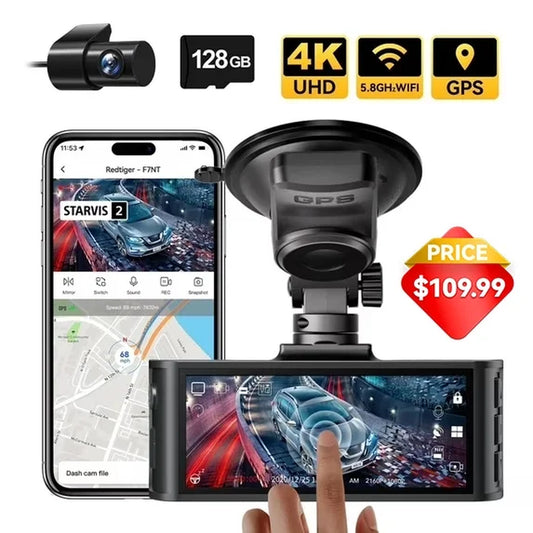 Touch Screen Dash Cam Front and Rear, 4K Dash Camera with STARVIS 2 Sensor, Free 128GB Card, Car Camera with Wifi GPS, Voice Control, WDR, 24H Parking Mode, Night Vision